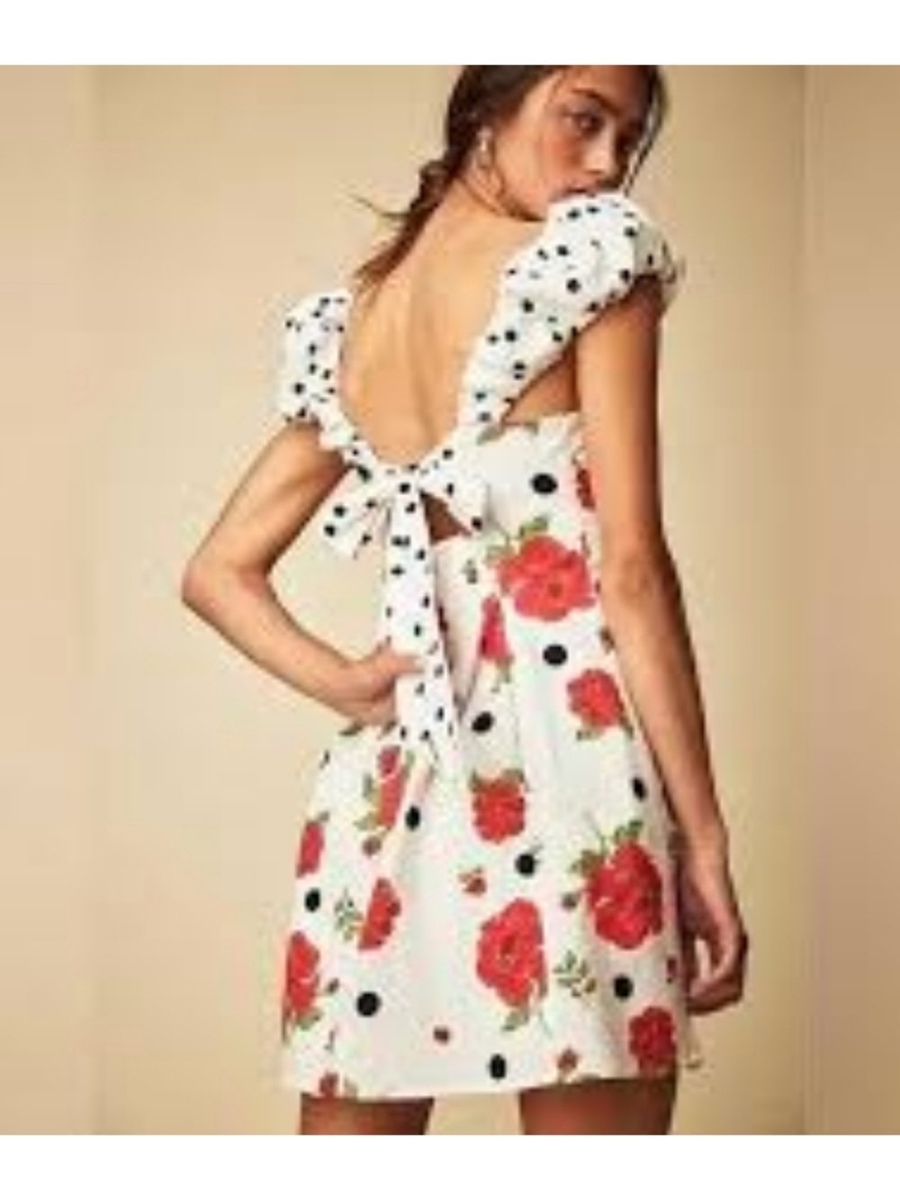 Free People White Mini Dress with Red Floral & Black Polka Dots